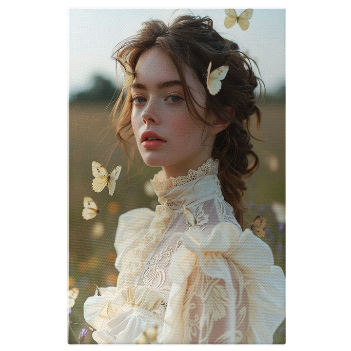 Tablou Canvas Fluturii Albi care Zboara in Jurul Fetei cu Ochii Verzi si Pistrui in Rochie Alba cu Par Saten, Pictura Digitala 70x50CM