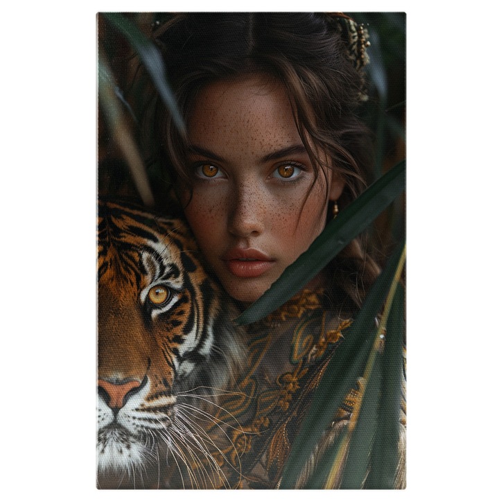 Tablou Canvas Fermecatorii Ochi ai Fetei cu Par Saten si Pistrui in Rochie Neagra cu Model langa Tigrul Fioros in Jungla, Pictura Digitala 70x50CM
