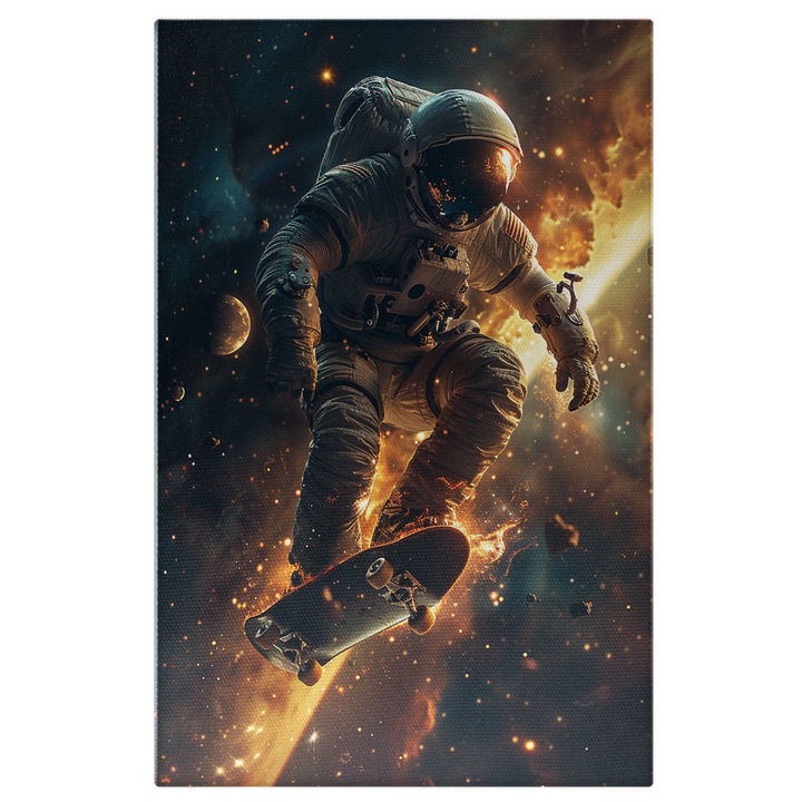 Tablou Canvas Un Astronaut care Merge pe Skteboard in Spatiu langa Planete si Meteoriti in Costum Alb, Pictura Digitala 40x25CM