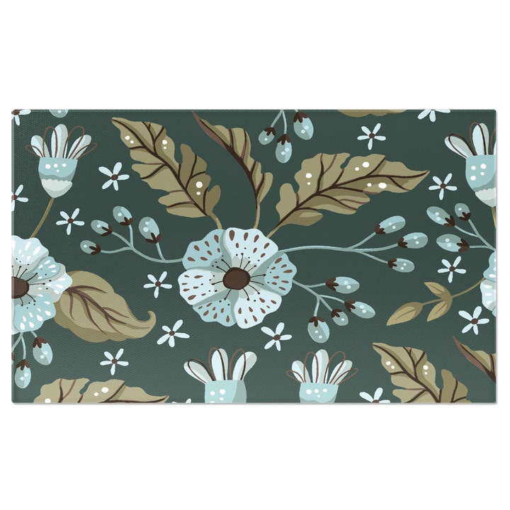 Tablou Canvas: Flori albastre cu boboci si frunze - Fundal verde 90x60CM