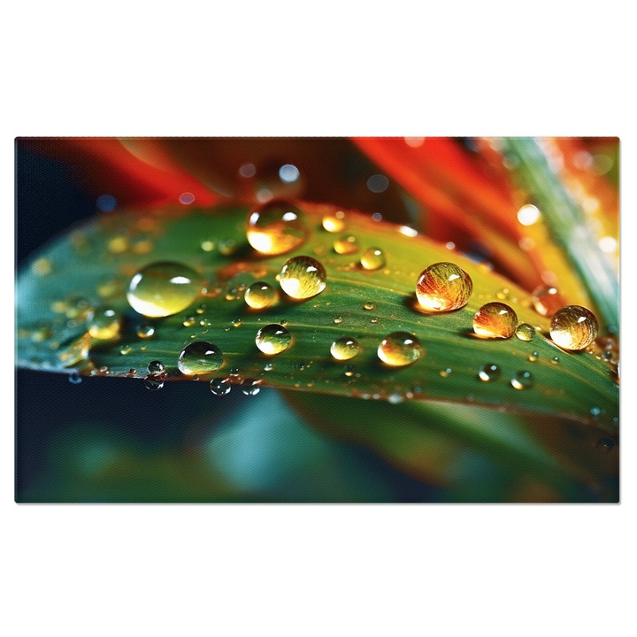 Tablou Canvas: Picaturi de ploaie pe frunza unei plante - Focus pe picaturi 40x25CM