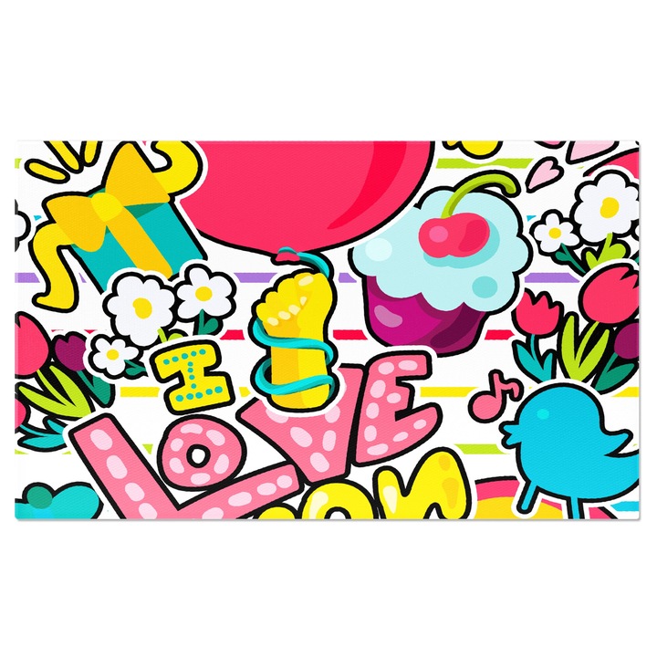 Tablou Canvas: Desene suprapuse, model vesel - Pasari, briose, inimi si flori 120x80CM