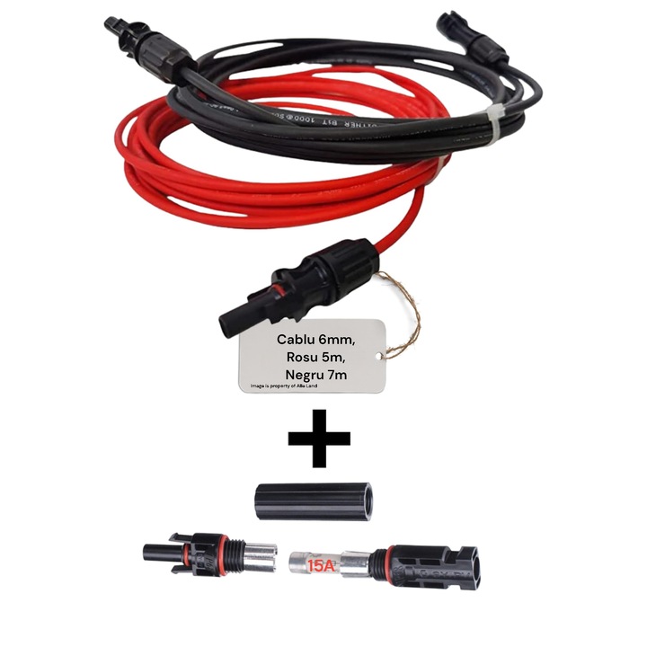 Cablu solar 6mm, 7m negru + 5m rosu, cu conectori MC4 + o siguranta MC4 15A