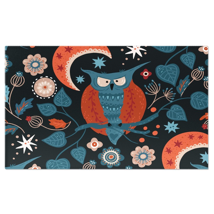 Tablou Canvas: Bufnita pe o creanga de copac - Fundal cu luna printre frunze 90x60CM