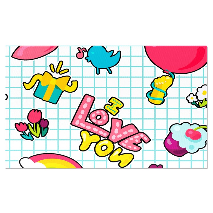 Tablou Canvas: Model cu o foaie de caiet desenata - Elemente precum cadouri, curcubeu 100x70CM