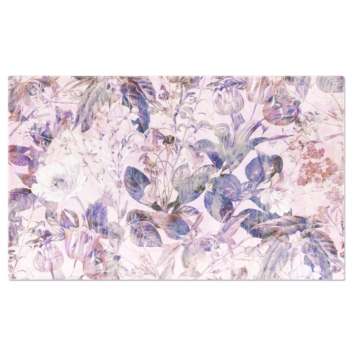 Tablou Canvas: Flori roz printre diverse frunze pe fundal alb - Roz si albastru pe petale 40x25CM