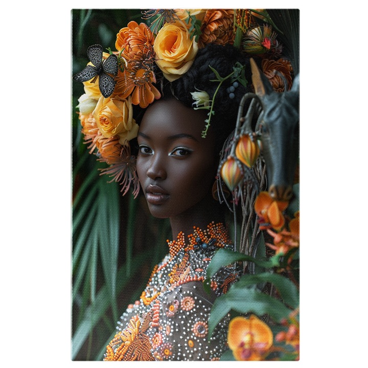 Tablou Canvas Doamna de Origine Africana cu Palarie de Flori in Rochie cu Margele si Machiaj Alb la Ochi, Pictura Digitala 90x60CM