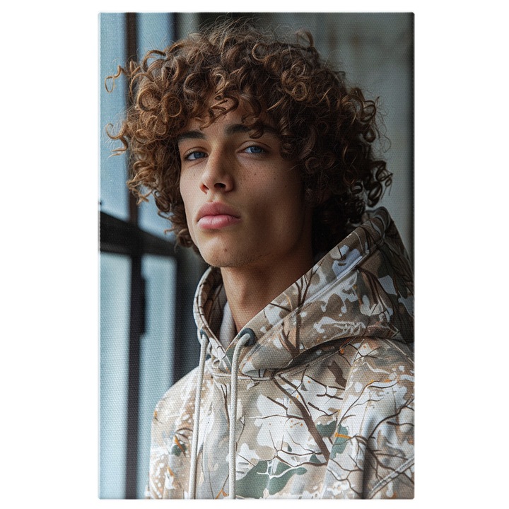 Tablou Canvas Tanar cu Parul Cret Saten si Ochii Albastri in Hanorac Colorat cu Model de Crengi si Pistrui, Pictura Digitala 60x40CM