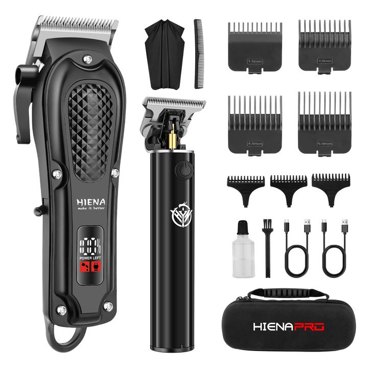 Професионална машинка за подстригване Hiena Pro®, кутия за съхранение, тример, машинка за подстригване, брада, мустаци, тяло, ножове от неръждаема стомана със самонаточване, комплект от 2 акумулаторни с USB, LED дисплей, нисък шум, черен