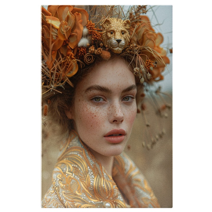 Tablou Canvas Simple Girl cu Ochii Verzi si Pistrui cu Par Saten si Buze Mari cu o Figurina Leu si Accesorii in Par, Pictura Digitala 70x50CM