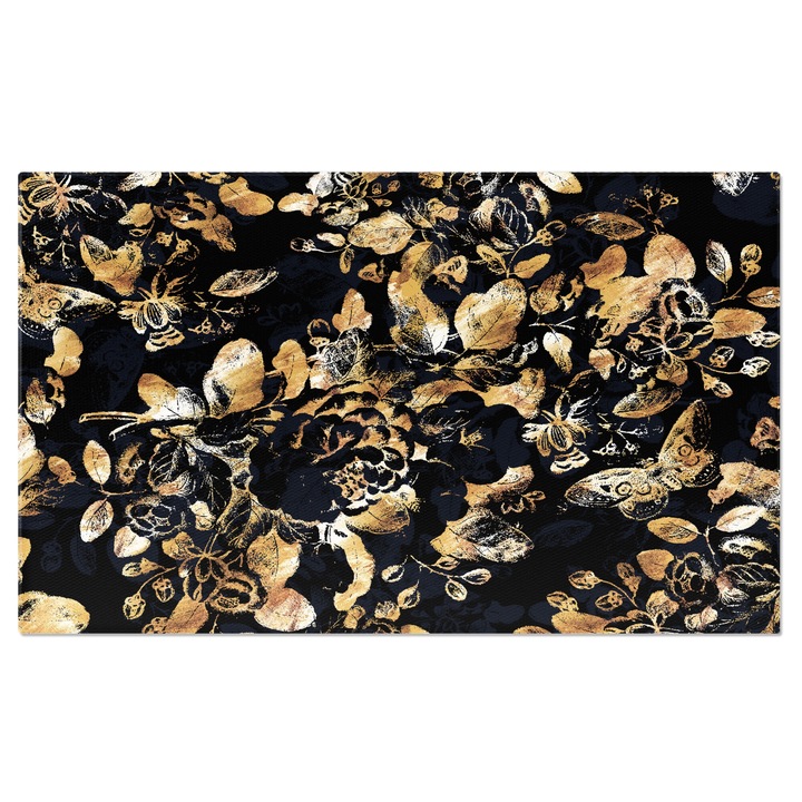 Tablou Canvas: Fundal negru cu flori si frunze aurii - Sclipici auriu sub forma de flori 90x60CM