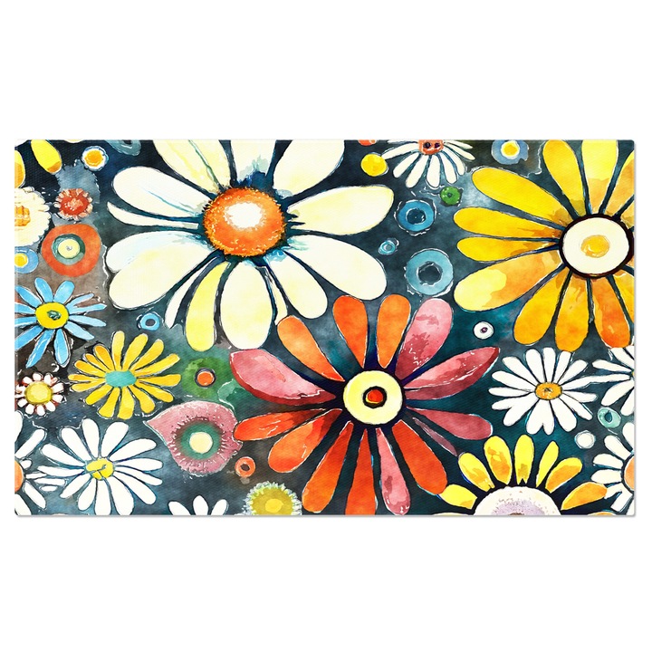 Tablou Canvas: Flori albe, rosii si galebene adunate intr-un desen - Cercuri printre flori 70x50CM