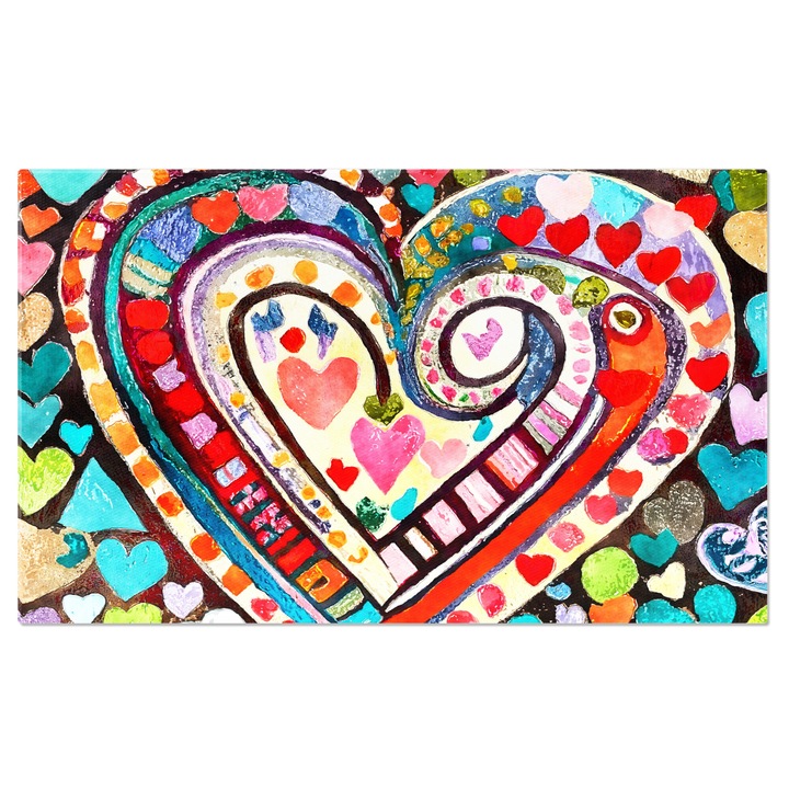 Tablou Canvas: Desen aglomerat de inimi de toate culorile - Inima uriasa, alte inimi mai mici 140x90CM