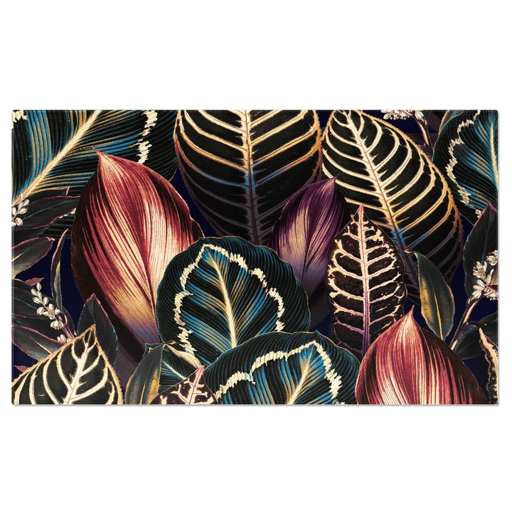 Tablou Canvas: Frunze pictate cu model special - Dungi aurii pe frunze negre 40x25CM