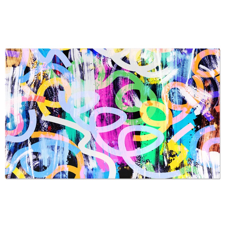 Tablou Canvas: Linii spiralate colorate oe fundal negru - Urme de pensula, albe, peste culori 90x60CM