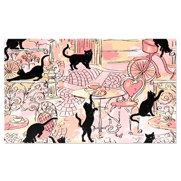 Tablou Canvas: Pictura cu elemente roz, Pisici negre - Feline in oras 70x50CM