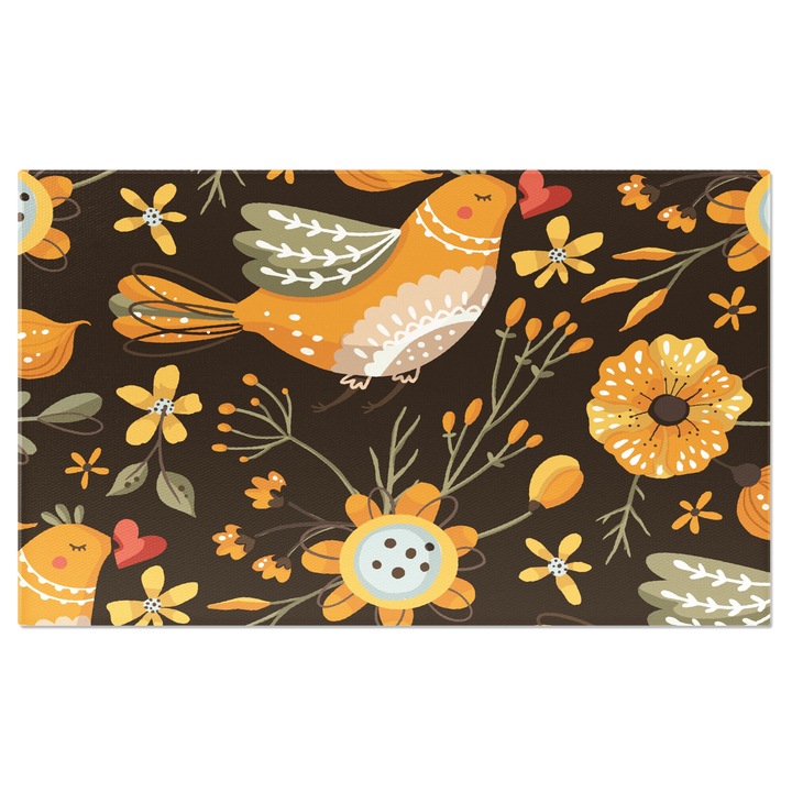 Tablou Canvas: Pasare cu un colorit portocaliu ce zboara printre flori - Flori portocalii 70x50CM