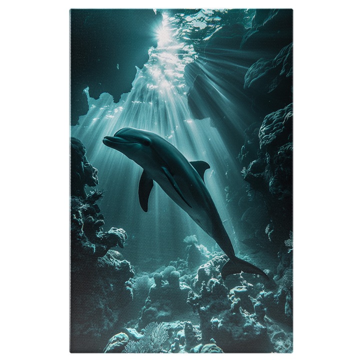 Tablou Canvas Delfin in adancimile marii printre roci- Razele soarelui la adancime, Pictura Digitala 40x25CM