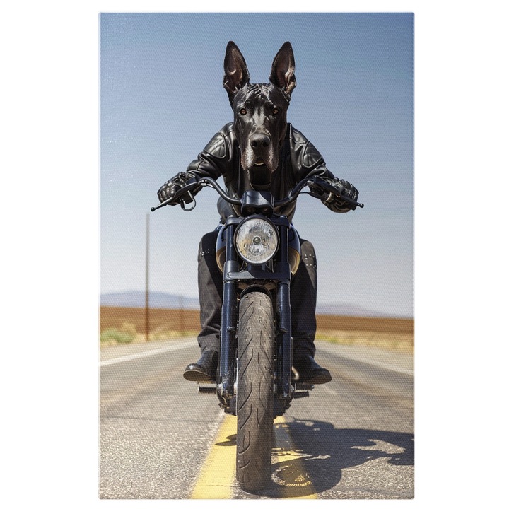 Tablou Canvas Marele Danez Negru Goneste Spre Vegas pe o Motocicleta Intre Liniile Continue, Pictura Digitala 90x60CM