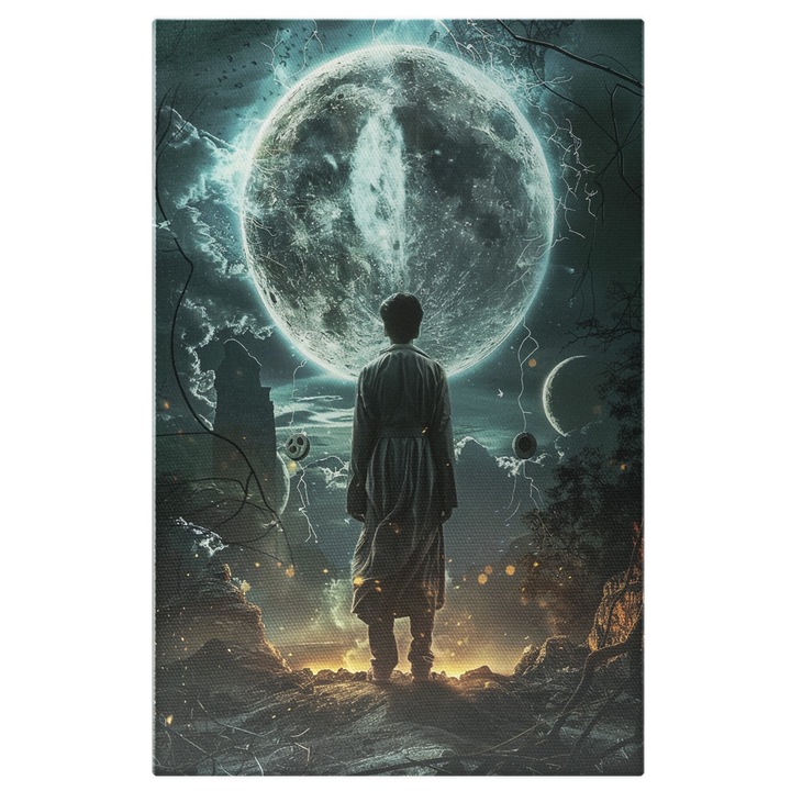 Tablou Canvas Imagine fantasy, baiat privit din spate, privind catre luna - Magie sub lumina lunii, Pictura Digitala 40x25CM