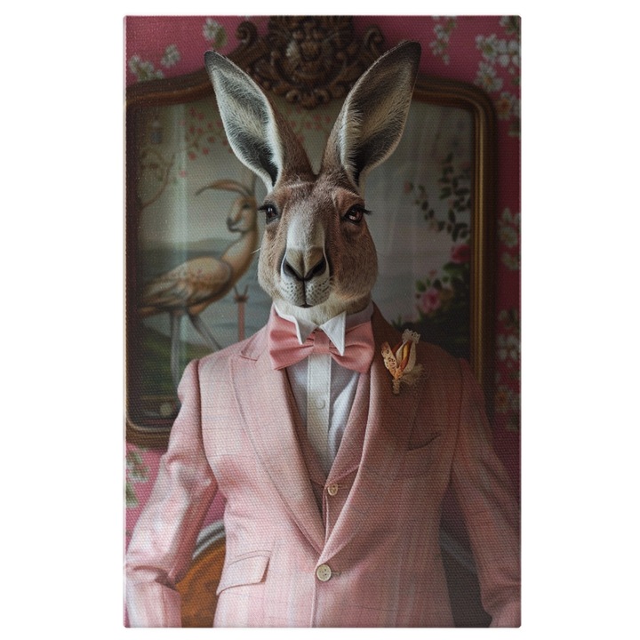 Tablou Canvas Nuntasul Cangur in Costum Roz cu Floare in Piept Tablou Fundal cu Pasarea Gangur, Pictura Digitala 100x70CM