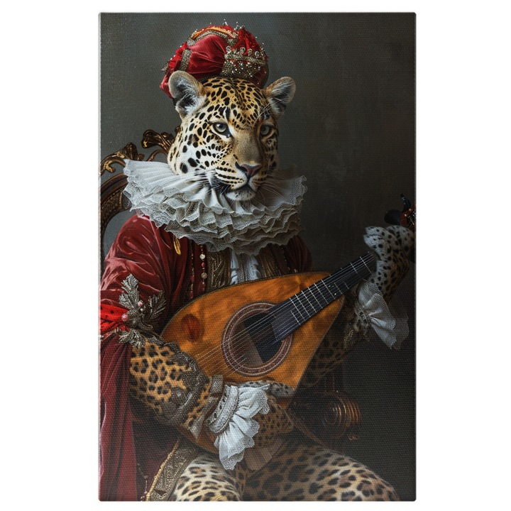 Tablou Canvas Arta din Baroc Leopard cu Guler Elegant in Haine Baroce cu Mandolina, Pictura Digitala 70x50CM