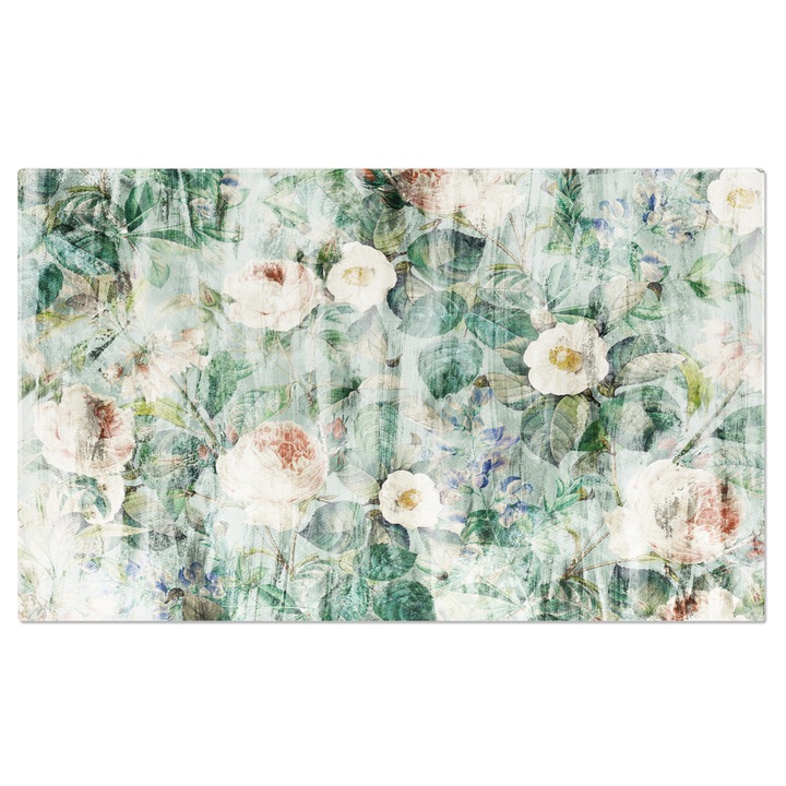 Tablou Canvas: Efect de pictura veche, stearsa - Flori albe sterse pe un tablou cu nuante verzi 70x50CM