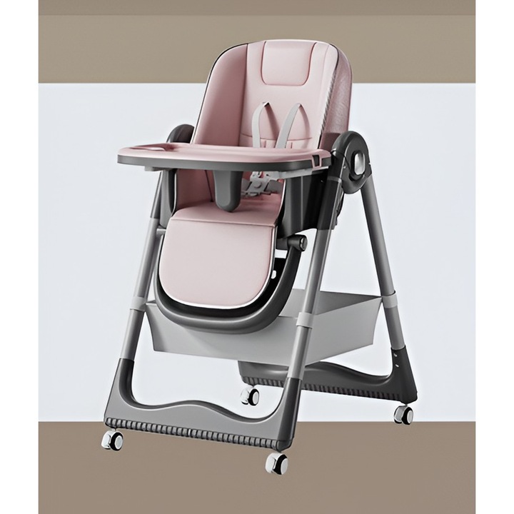 Scaun de Masa GIMASE pentru Bebelusi si Copii, cu 2 Tavite, cu Husa Detasabila, cu Cos de Depozitare, cu Centura de Siguranta, Roz