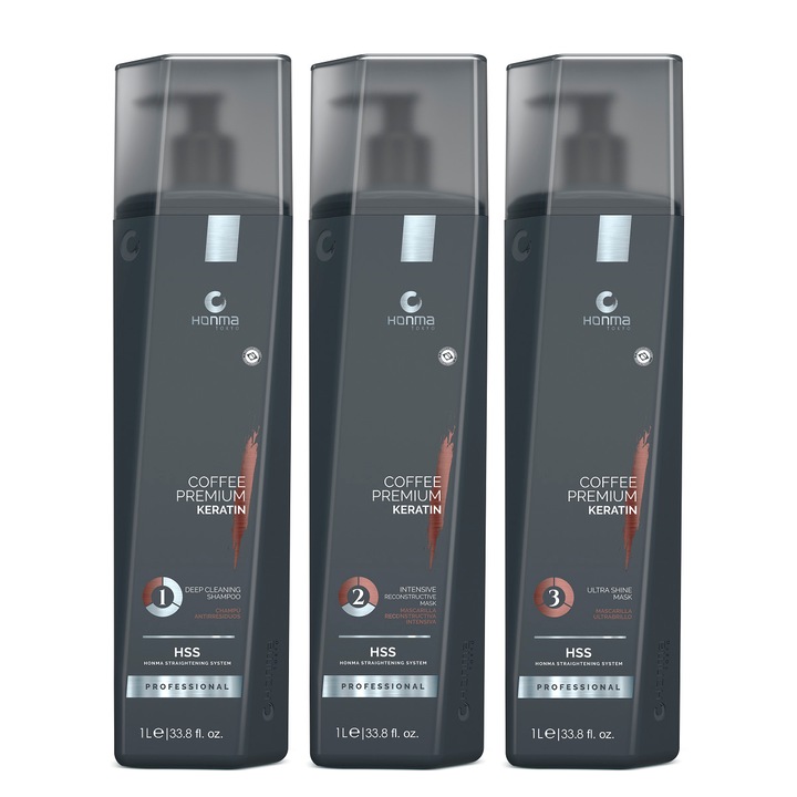 Set tratament keratina indreptare par cret - Coffee Premium All Liss 1000ml, Honma Tokyo