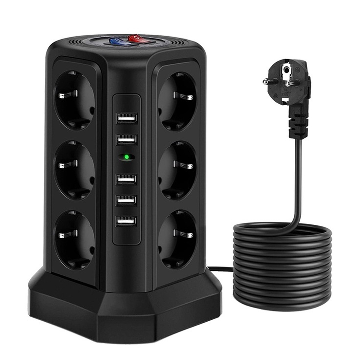 Удължител Rqiurpn, Вертикален, 12 изхода, 5 USB, 2500 W, 2 м кабел, Черен