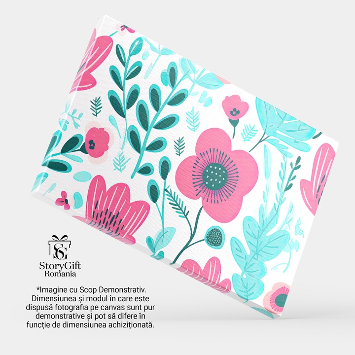 Tablou Canvas: Lalele desenate roz pe fundal alb si frunze - Nuante de verde si roz 40x25CM