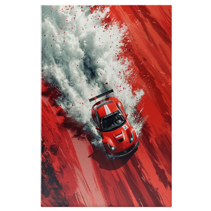 Tablou Canvas Masina gonind intr-o mare de praf rosu - Viteza si adrenalina in stropi rosii, Pictura Digitala 40x25CM