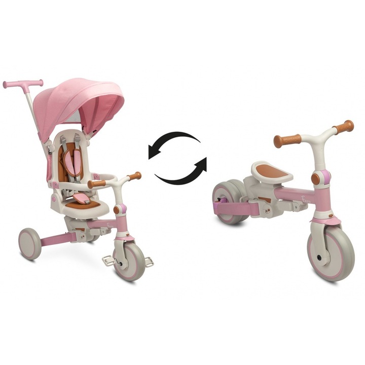 Tricicleta copii multifunctionala ultrapliabila, cu spatar reglabil, scaun moale rotativ, maner parinte reglabil in 4 pozitii si detasabil Toyz Faro Pink