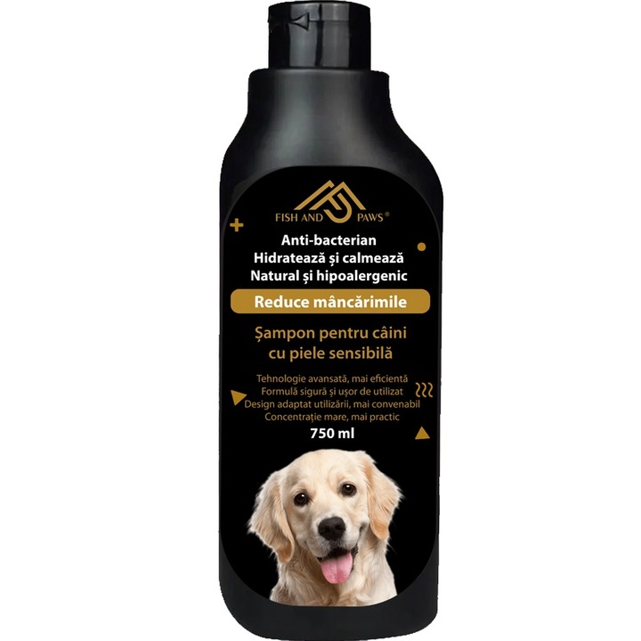 Sampon pentru caini Fish & Paws ® cu piele sensibila, anti-bacterian, reduce mancarimile, hidrateaza si calmeaza pielea iritata, curatare delicata, formula sigura, usor de folosit, natural cu extracte din plante si ulei esential, Vitamina B5, 750ml