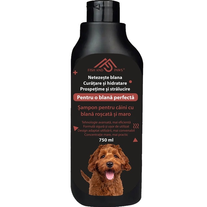 Sampon pentru caini Fish & Paws ® cu blana roscata sau maro, asigura o blana pufoasa si sanatoasa, oferindu-i prospetime si stralucire, formula sigura, usor de folosit, natural cu extracte din plante si ulei esential, Vitamina B5, 750ml