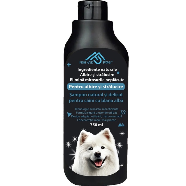 Sampon pentru caini Fish & Paws ® cu blana alba, efect de albire si stralucire, asigura o blana pufoasa si sanatoasa, curatare delicata, hidrateaza parul, formula sigura, usor de folosit, natural cu extracte din plante si ulei esential, Vitamina B5, 750ml