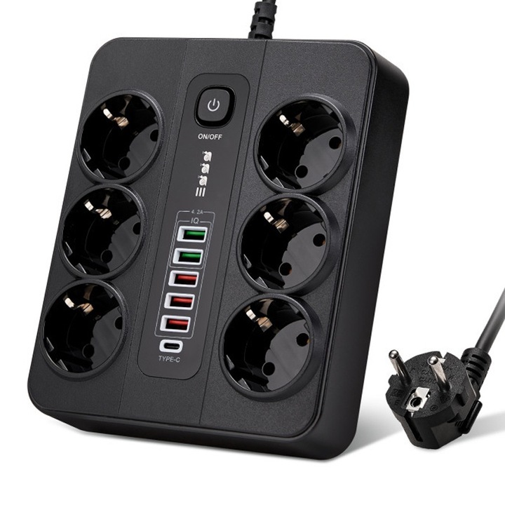 Удължителен кабел с 6 гнезда, Rqiurpn, 5 USB, 1 Type-C, 3000 W, защита от пренапрежение, 2 м кабел, защита от деца, черен