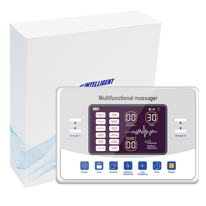 Aparat De Masaj Cu Electrostimulare Pentru Fizioterapie/Electroterapie, Rqiurpn, TENS si EMS, Baterie Reincarcabila, 20 Programe, 30 Niveluri intensitate, 2 Canale Individuale, 10 Electrozi, Cablu USB si Husa de Protectie, 18x12x4.5cm, Alb