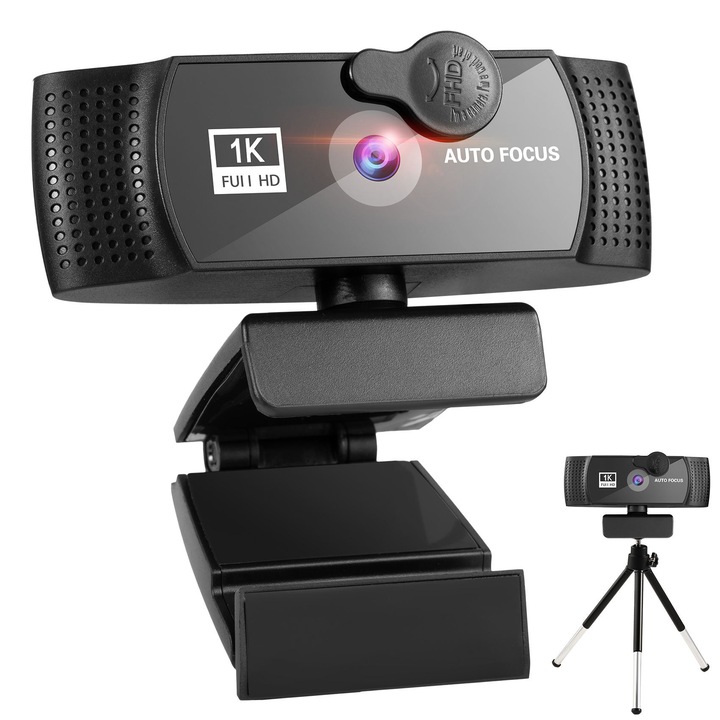 Уеб камера Full HD 1080p с автофокус, микрофон и статив, черна, 7x5x5см