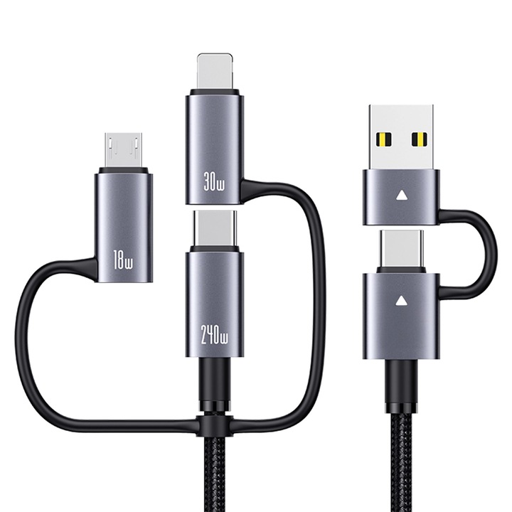 Кабел за зареждане и пренос на данни, Timebox, Fast Charge 240W, 1.2m, 5 в 1, 2 x USB-C, USB, Lightning, Micro USB Съвместим Macbook, iPhone, Samsung, Huawei, Xiaomi, сив