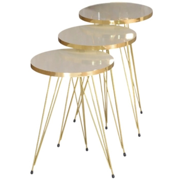 Set masuta cafea, Terra Gold, metal auriu, culoare crem, 3 piese