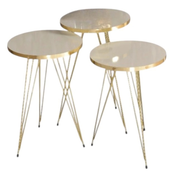 Комплект холни маси, Terra Gold, златист метал, цвят крем, 3 броя