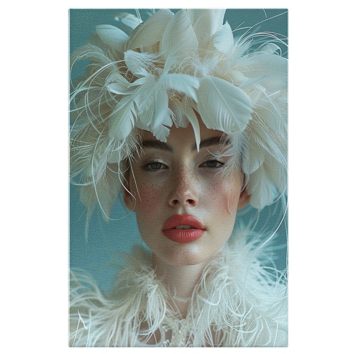 Tablou Canvas Feminitatea in Bloom Femeia cu Glow Natural si Ochi Doritori in Dansul Penelor Albe, Pictura Digitala 90x60CM