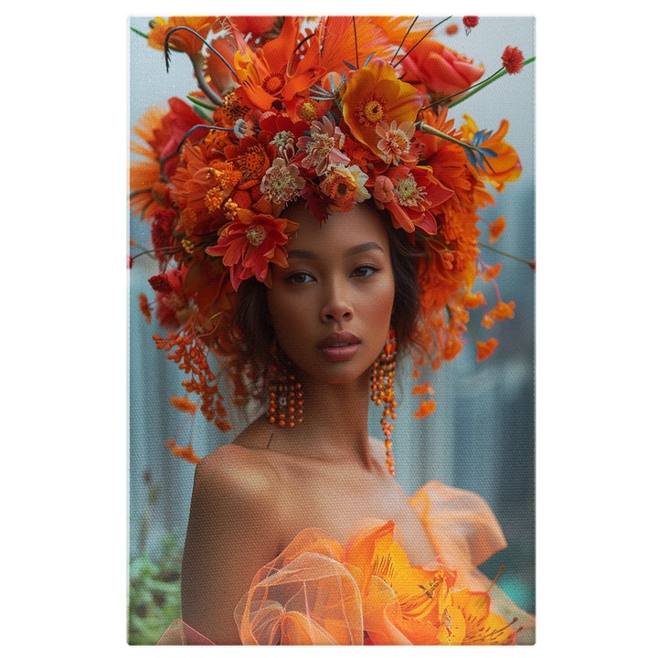 Tablou Canvas Aura Florilor Radierea Elegantei pe Chipul Femeii cu Flori Portocalii pe Cap, Pictura Digitala 60x40CM