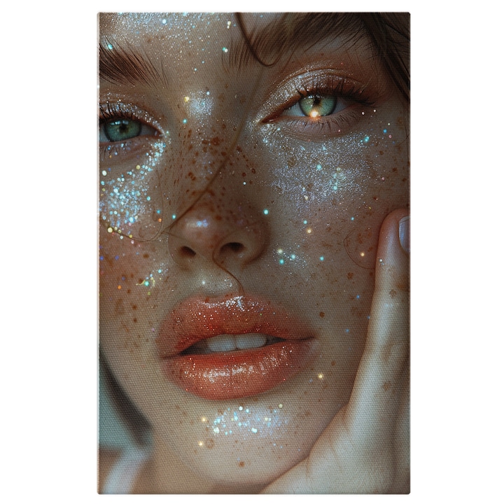 Tablou Canvas Lumina din Ochii Verzi Portret cu Glitter Machiaj Translucent Fantezist si Elegant, Pictura Digitala 60x40CM