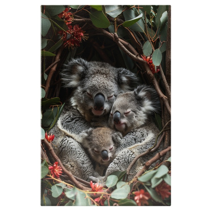 Tablou Canvas Cuibul cu Ursi Koala In Siguranta Frunzelor Protejati de Lumea Exterioara, Pictura Digitala 90x60CM