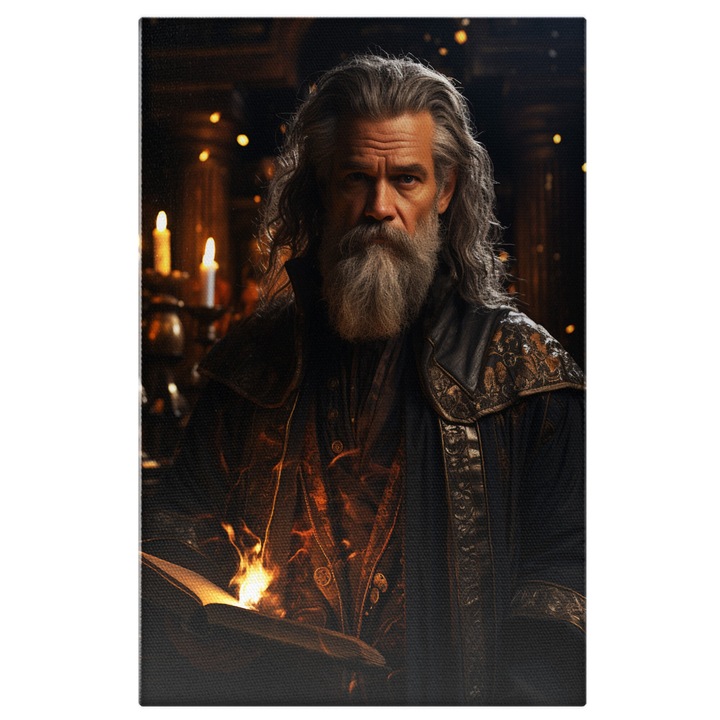 Tablou Canvas: portret barbat cu par lung alb si barba carte ce ia foc ca din basme tinuta interbelica povesti penru copii Pictura Digitala 40x25CM