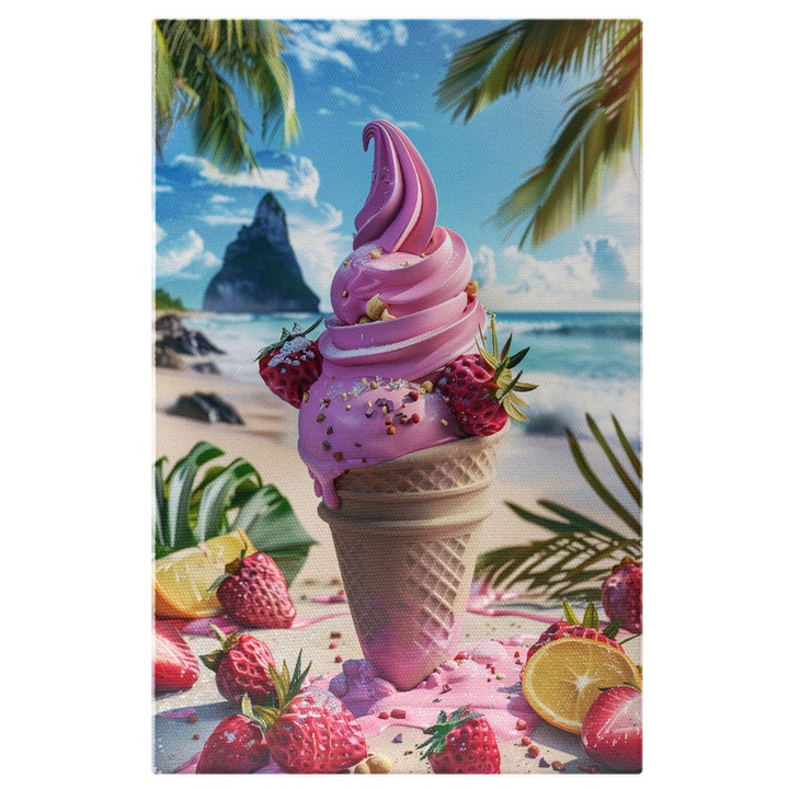 Tablou Canvas Inghetata de Capsuni cu Felii de Lamaie Plaja cu Nisip Fin de la Ocean, Pictura Digitala 40x25CM