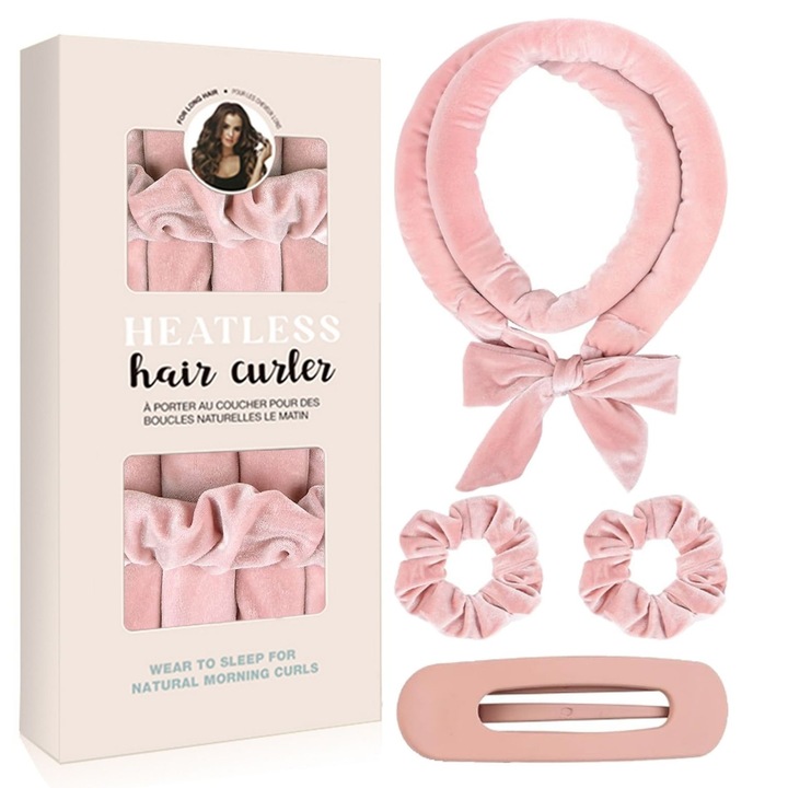 Маши без нагряване, FridayStudio, комплект с връзки и щипки, розови, за всеки тип коса