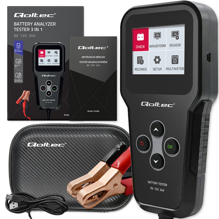 Akkumulátor teszter, Qoltec, 3w1, Lcd, 6V, 12V, 24V akkumulátorokhoz, Kapacitás 30ah-200ah, Közvetlenül akkumulátorról táplálva, Tokkal, Műhelyeknek és otthoni felhasználóknak